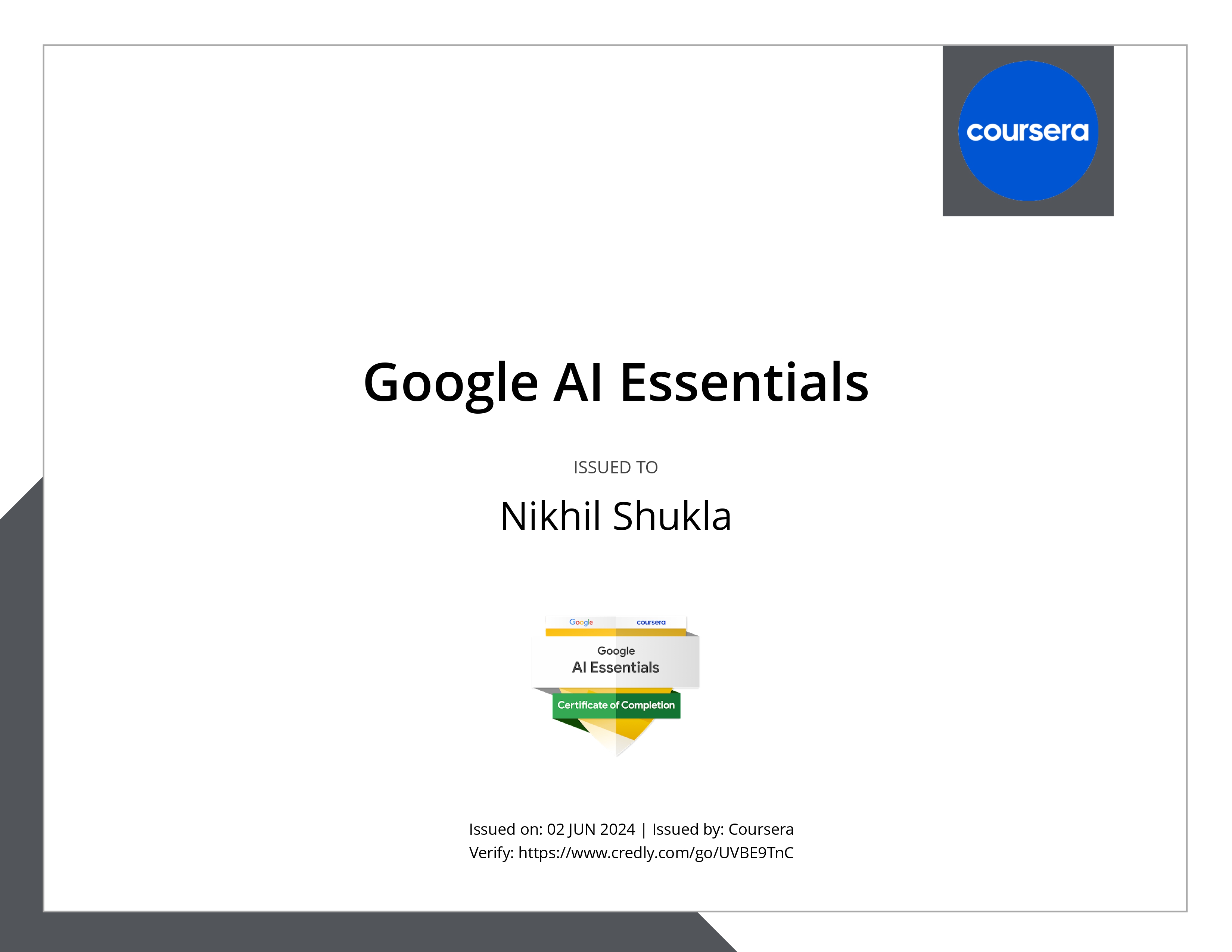 Google AI Essentials Certificate